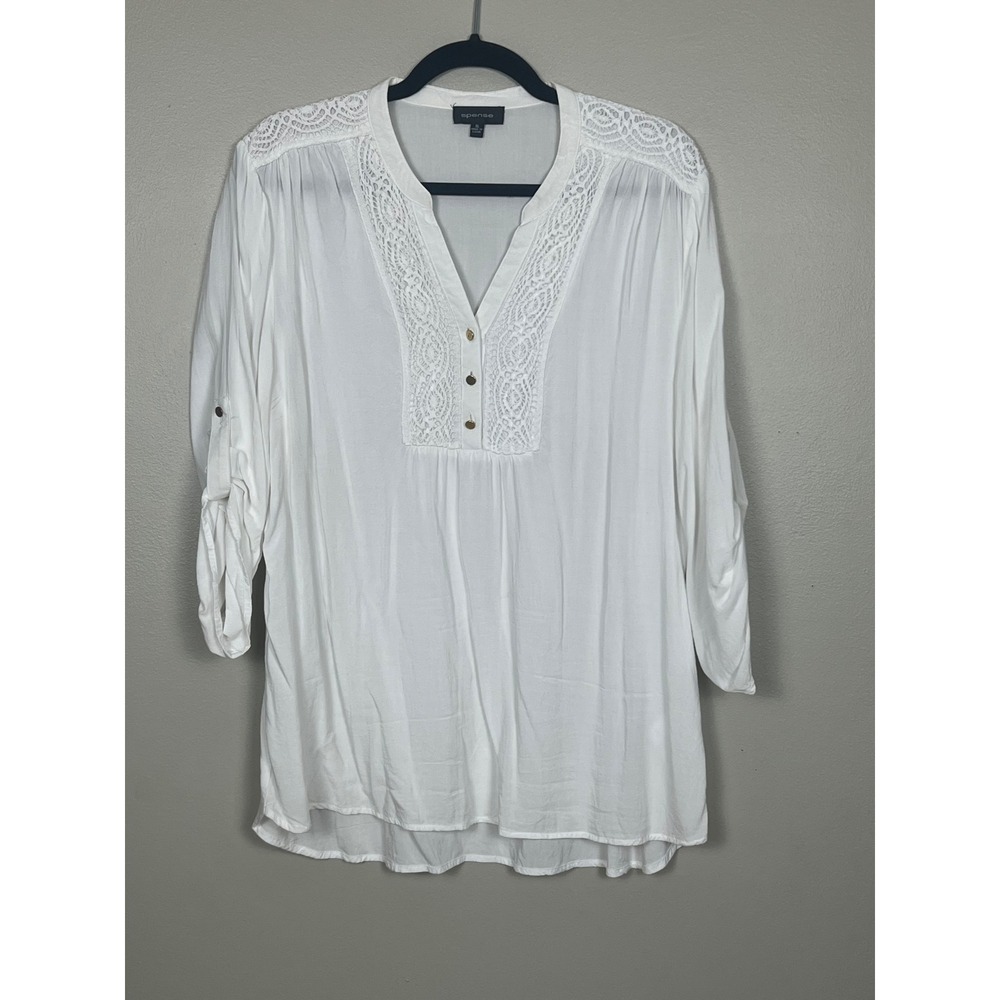 Spense Womens XL White Crochet Lace Trim Roll Tab Sleeve V-Neck Tunic Blouse
